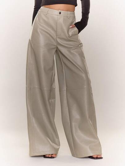 MUSERA กางเกงขายาวทรงขากว้างเอวกลางหนังเทียม เซ็กซี่สำหรับออกงานกลางคืน สตรีทแวร์น่ารัก ปาร์ตี้ ฤดูร้อน ลำลอง