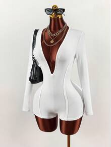 Amplova 舒适性感深V领收腰修身连体短裤，女士春季款 - 白色 - 查看 2