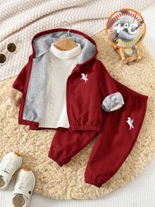 SHEIN 两件套男婴保暖连帽外套（动物印花）和休闲运动裤套装，适合冬季穿着 - 酒紅色 - 查看 7
