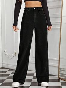 SHEIN EZwear 高腰直筒宽松灯芯绒休闲牛仔裤，百搭 - 黑色 - 查看 5