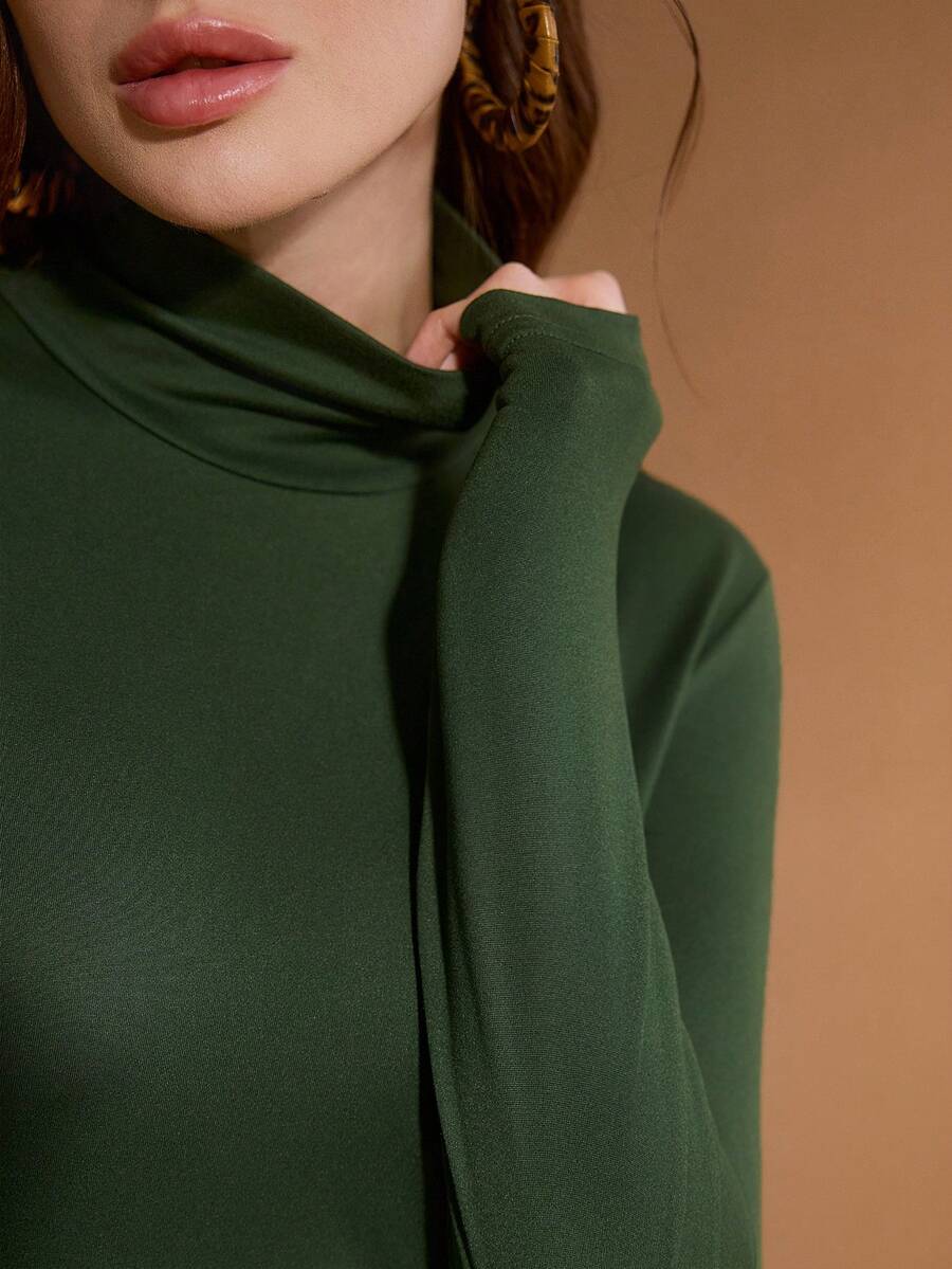 MOTF PREMIUM Gładki t-shirt z golfem, długim rękawem i dopasowanym krojem - Ciemnozielony - Zobacz 2