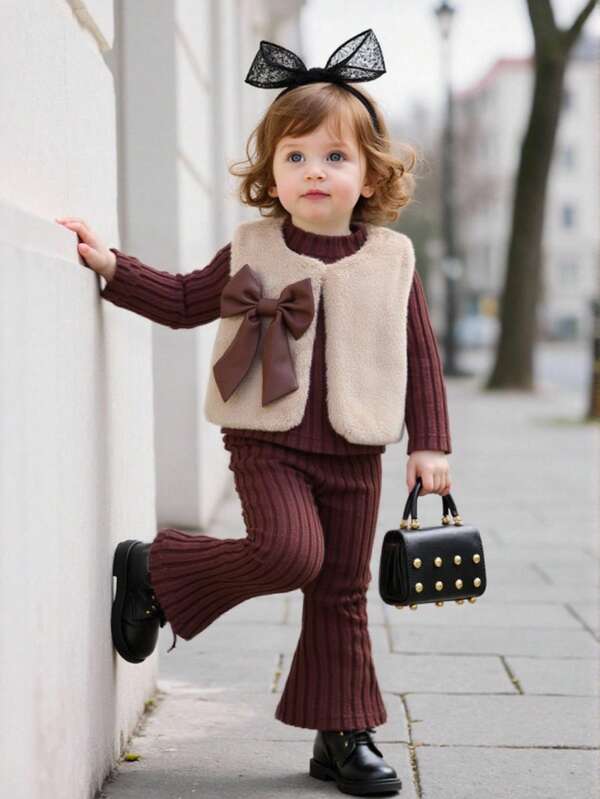 SHEIN Playful Pals 3pcs/Set Baby Girls Autumn/Winter Ribbed Turtleneck Sweater,Flared Pants,Fluffy Vest With Bow Decor,Brown Cute Family Matching Elegant Casual Outfit