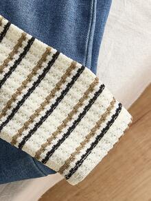 1件少女休闲百搭长袖衬衫，条纹面料，V领纽扣半开襟设计，适合日常外出、旅行和通勤，春夏款 - 彩色 - 查看 4