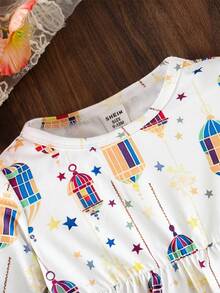 SHEIN Abito elegante e comodo da bambina con stampa di lanterne in stile mediorientale, adatto per l'autunno e le vacanze, manica lunga - Bianco - Visualizzare 5