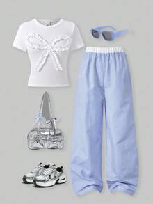 SHEIN ChillGRL Spring & Summer Teen Girls " ME" Sweet Cute Design Ruffle Bow Round Neck Short T-Shirt Paired With Contrast Color Block Striped Wide Leg Pants 2 Pieces Set, Suitable For Daily, Commuting, Hangout With Friends, Holiday Outfit Summer Holiday - Blue and White - View 1