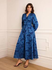 Lilora 女士优雅碎花V领连衣裙 - 湖藍色 - 查看 7