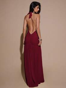 MSSHEIN  Vestido maxi de mujer elegante, minimalista y sexy de color amarillo crema con cuello en V profundo, halter, ajustado, fruncido y de malla - Burdeos - Ver 2