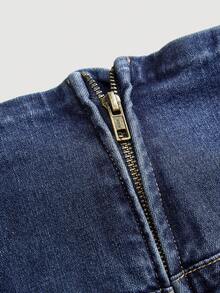 SHEIN CURVE+ 大码蓝色V腰修身休闲百搭喇叭牛仔裤，圣诞牛仔，圣诞节，新年，复古精致风，老钱优雅，深色水洗牛仔裤，大码喇叭牛仔裤，紧身喇叭牛仔裤 - 藍色 - 查看 4