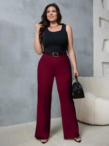 EURMUSE Plus High Waist Flare Leg Suit Pants - Burgundy - View 4
