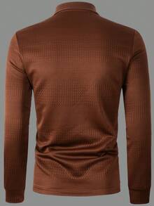 Manfinity Homme 男士休闲商务通勤纯色纹理面料长袖Polo衫，春秋季棕色长袖Polo衫，锈红色男士衬衫，棕色上衣，棕色Polo衫，长袖针织男士衬衫，复古风格，适合日常休闲、周末旅行、户外活动、探险旅行、轻松的工作环境或半正式场合，可作为男友/丈夫礼物、周年纪念/生日礼物、派对礼物、圣诞节礼物、新年礼物、婚礼礼物。 - 棕色 - 查看 2