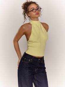 MUSERA Áo dệt kim cổ cao, hở lưng, kiểu yếm, phong cách Y2K Grunge, thích hợp cho lễ hội âm nhạc, tiệc tùng mùa hè, Ibiza, hẹn hò mùa đông, đi làm hoặc văn phòng. - Màu vàng - Xem 5