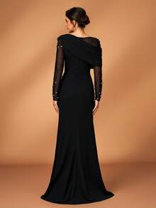 Serin 优雅奢华的串珠泡泡设计弹力针织网纱透视袖褶皱鱼尾裙，适合婚礼、派对、度假、晚宴、节日、新娘母亲晚礼服等场合。 - 黑色 - 查看 3