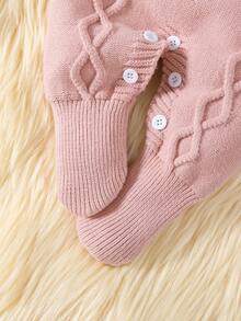 SHEIN Baby Girls' Comfortable Jumpsuit With Cap Sleeves, Bib Pants, Suitable For Autumn/Winter, Newborn, Featuring Cable Knit Cartoon Rabbit Design, Bow Accent, Elegant & Versatile, Suitable For Home, Outings, Travel, Daycare