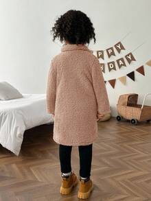 SHEIN Young Girl Casual Versatile Turndown Collar Thermal Lined Thick Long Sleeve Cardigan In Fall/Winter - Khaki - View 2