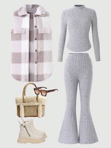 3pcs/Set Tween Girls Fitted Khaki Sweater,Matching High Waist Flare Pants & Plaid Lapel Cardigan Outfit,White Autumn Casual School Back-To-School - Grey - View 1