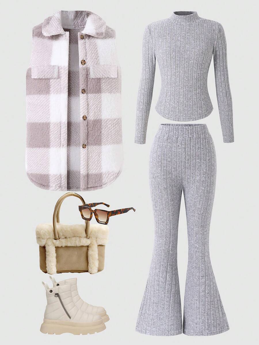 3pcs/Set Tween Girls Fitted Khaki Sweater,Matching High Waist Flare Pants & Plaid Lapel Cardigan Outfit,White Autumn Casual School Back-To-School - Grey - View 1