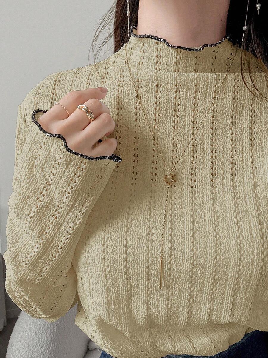 FRIFUL 女士撞色滚边高领长袖T恤 - 卡其色 - 查看 1