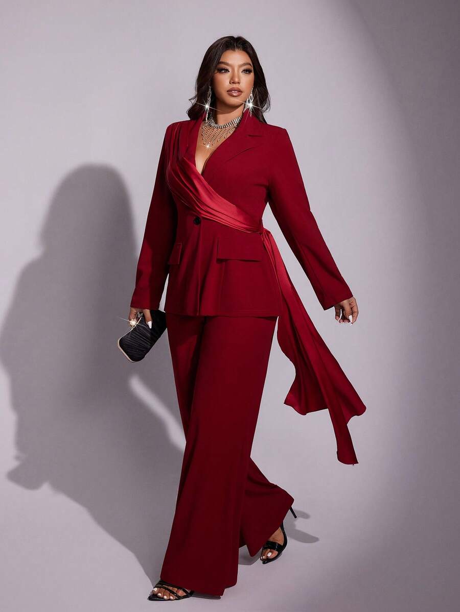 Viva Relle Plus Size Long Sleeve French Elegant Fashion Fitted Suit Set, Suitable For Christmas Red Party - Burgundy - View 1