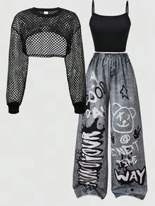 SHEIN ChillGRL Teen Girl 3pcs Set: Loose Street Style Denim Effect Pants, Crop Tank Top, Long Sleeve Hooded Mesh Sweatshirt - Fashionable - Black - View 8