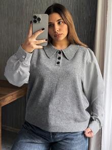 Dazy Plus 大码女式条纹拼接长袖Polo领休闲毛衣 - 灰色 - 查看 7