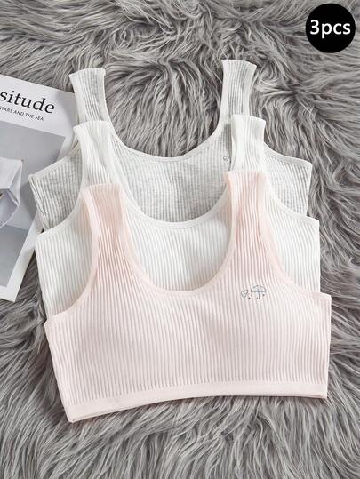 Girls' Underwear And Camisole, Suitable For Developing Girls, Student Underwear, 3-Piece Set, Ribbed Fabric, Comfortable And Skin-Friendly, Girls' Bras And Underwear For Tween Girls. Lingerie