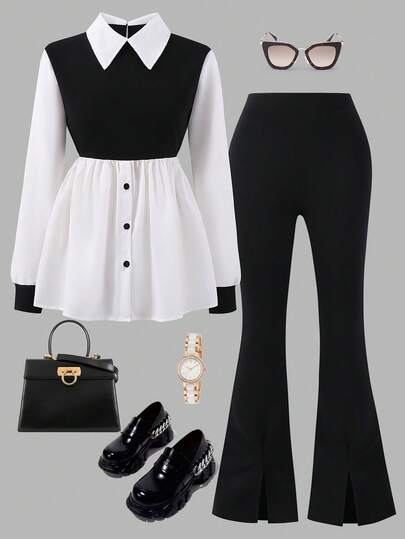 Teen Girl Black & White Spliced 2 In 1 Shirt + Black Slim Fit Slit Flare Pants