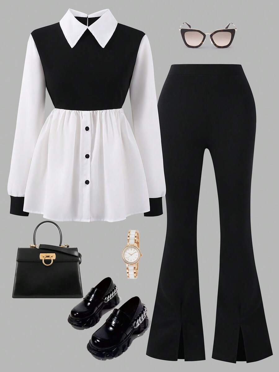 Teen Girl Black & White Spliced 2 In 1 Shirt + Black Slim Fit Slit Flare Pants
