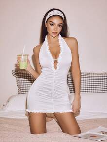 Lowkey Lull Comfortable Pleated Milk Silk Ruffle Trim Fitted Backless Casual Camisole Dress, Chic Autumn Women Sleepwear Nightgown - White - View 5