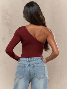 MISSGUIDED One Shoulder Long Sleeve Asymmetric Bodysuit For Evening Party Occasion Fitted Top - Burgundy - View 2