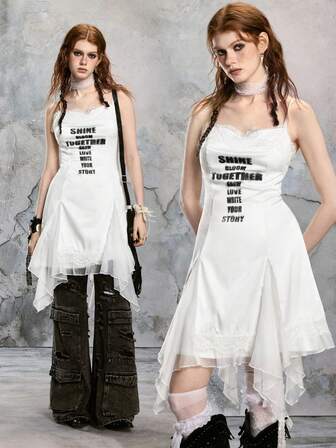 Grunge Punk Romantic Punk Cross & Letter Print Satin Mini Dress