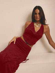Aralina Halter Neck Cowl Front Open Back Draped Fit Minimalist Style Vacation Women Top - Burgundy - View 5