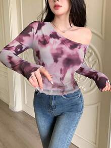Modelyn Áo thun nữ họa tiết lưới trơn màu tương phản, in họa tiết bất đối xứng, nhún bèo tối giản gợi cảm - Nhiều màu - Xem 5