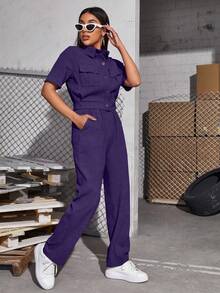 Modelyn Women's Short Sleeve Workwear Pocket Shirt And Pants Set 2 Pieces Set - Purple - View 5