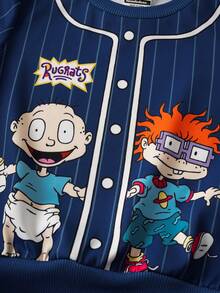 Nick 90s | SHEIN 2pcs/Set Young Boy Cute Cartoon Graphic Navy Casual Long Sleeve Crew Neck Sweatshirt And Pants Set - Blue - View 3