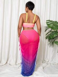 Slaydiva Ombre Print Sexy Ruched Ruffle Trim Swimwear Top + Bikini Bottom + Maxi Skirt Plus Size Swimwear Set - Multicolor - View 2