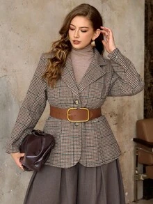 Roveilla 加大码格子翻领长袖修身西装外套粗花呢夹克女式棕色西装外套女式格子两件套西装裙套装粗花呢两件套格子夹克女式棕色格子西装外套格子西装外套女式粗花呢西装外套女式西装外套 - 卡其色 - 查看 6