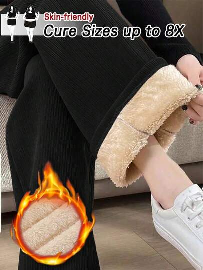 SHEIN CURVE+ 大码女式休闲黑色冬季保暖带口袋裤