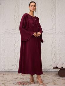 Al Najma 女士纯色喇叭袖宽松荷叶边下摆阿拉伯风格长款连衣裙 - 酒紅色 - 查看 5