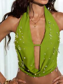 Opulessa Women's Halter Neck Beaded Cropped Halter Top,Lime Green,Summer,70's,Club Night,Party Disco,Chic Elegant Sequin Tank Top For Wedding Guest Party - Green - View 2