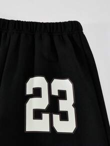 SHEIN Explorewe Streecool 青少年女孩 2 件套，黑色 V 領寬鬆衛衣與寬腿長褲，字母與數字印花，休閒校園風，秋季返校穿搭 - 棕色 - 查看 7