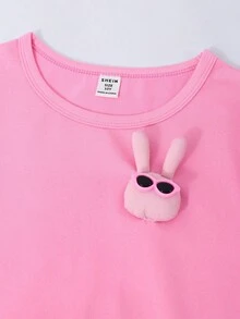 SHEIN ChillGRL 2pcs Tween Girls Plain Rabbit Graphic Tee And Graffiti Printed Pants Set Outfit Sets Girls Summer Holiday - Pink - View 5