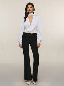 Poéselle Women's Fashionable Sexy Solid Color Deep V-Neck Long Sleeve Blouse,Elegant Blouses For Women Puff Sleeve Blouse White Blouse Elegant White Long Sleeve Blouse V Neck Blouse Elegant Women's Blouses Valentine's Day Wedding Tops Daily & Date Night Essential - White - View 6