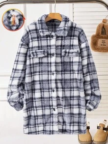 SHEIN Explorewe Teen Girl Pink Plaid Casual Jacket, Autumn/Winter - Black - View 4