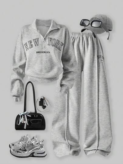 SHEIN ChillGRL Conjunto de 2 piezas para niñas preadolescentes: sudadera informal con cuello alto y patrón de letras y shorts para primavera/otoño/invierno