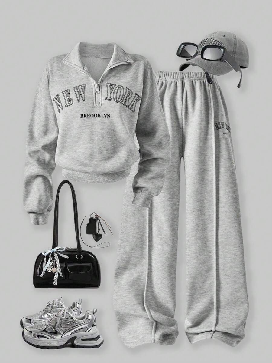 SHEIN ChillGRL 青少年女孩两件套春/秋/冬休闲立领字母图案运动衫和短裤 - 淺灰色 - 查看 1