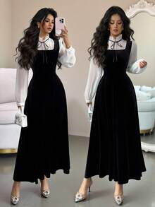 Rafferiza 女士优雅丝绒长裙，尽显精致高端气质，秋冬款 - 黑色 - 查看 1