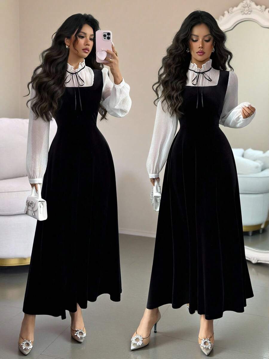 Rafferiza 女士优雅丝绒长裙，尽显精致高端气质，秋冬款 - 黑色 - 查看 1