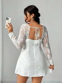 SHEIN Tall CURVE Váy ren hoa thanh lịch cổ vuông hở lưng buộc eo cho nữ cỡ lớn - trắng - Xem 2