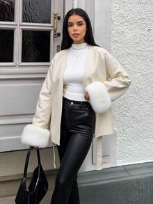 MainGRL Women's White Elegant Patchwork Faux Fur Cuff Overcoat, Autumn/Winter,Old Money Style Women,Fall - White - View 4