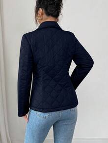 Elenzga Áo khoác nữ cổ bẻ, thắt eo, chất liệu cotton chần bông, đệm mỏng, thanh lịch, tối giản - Màu xanh hải quân - Xem 2